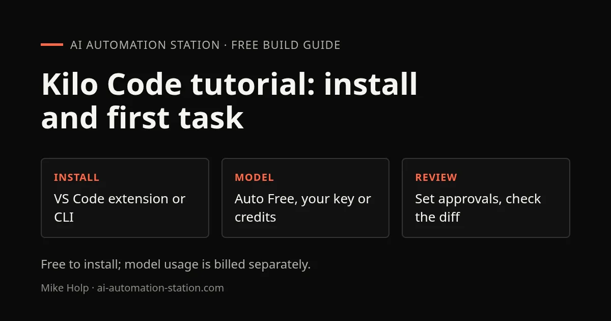 Guide card: Kilo Code tutorial, install and first task. Install: VS Code extension or CLI; Model: Auto Free, your key or credits; Review: set approvals, check the diff.