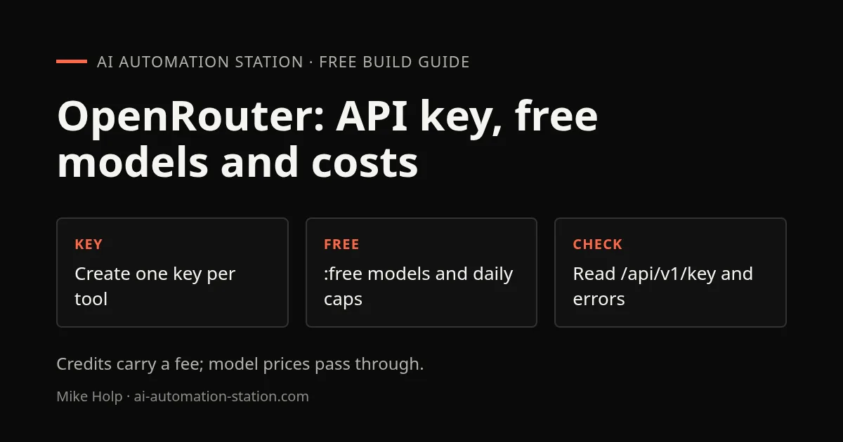 Guide card: OpenRouter API key, free models and costs. Key: create one key per tool; Free: :free models and daily caps; Check: read /api/v1/key and errors.